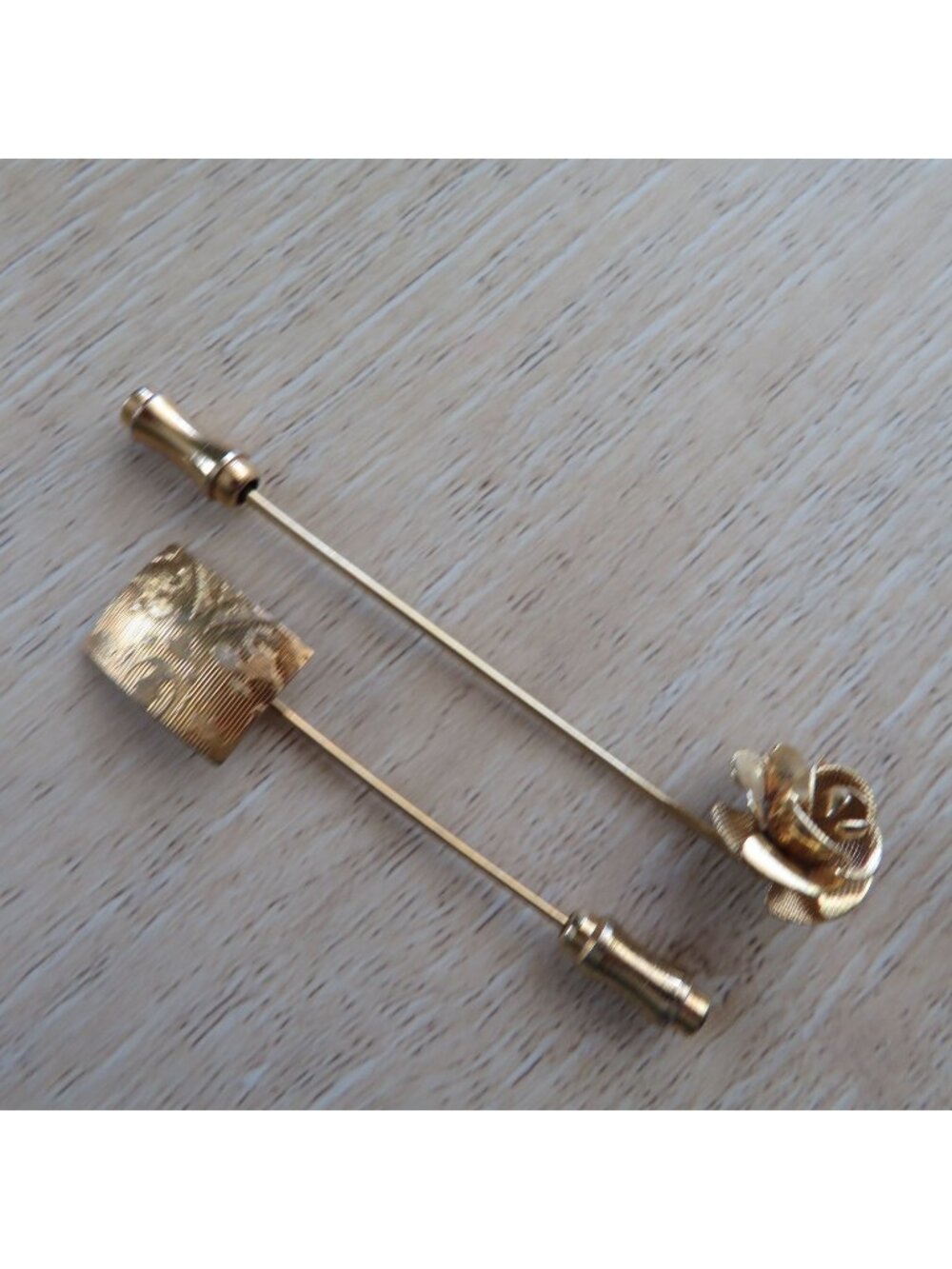 Gold-Tone Vintage 80s Lapel Stick Pins with Rose & Textured Rectangle Designs